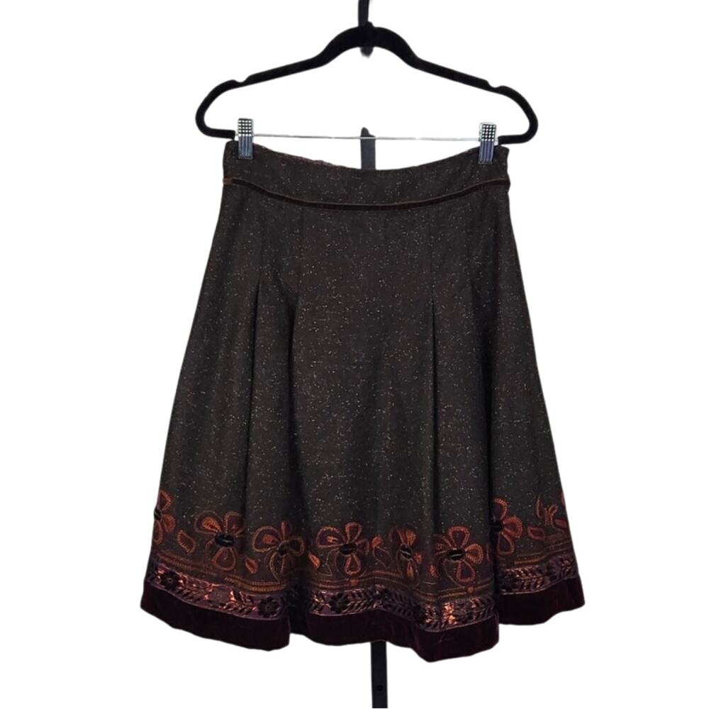 Cynthia Steffe Vintage Wool Blend Midi Pleated Skirt Embroidered Women's Size 2